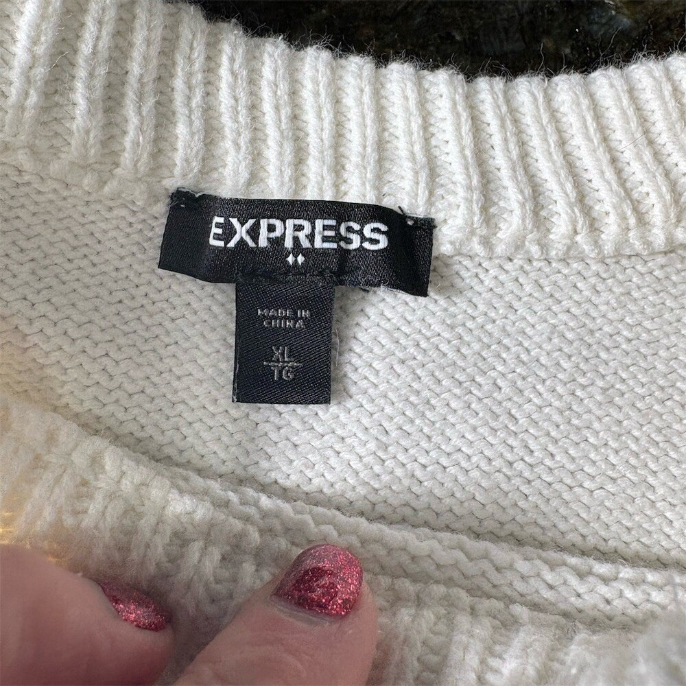 Express Sweater Womens XL Ivory Faux Pearl Embellished Crew Neck Oversized - Picture 6 of 7